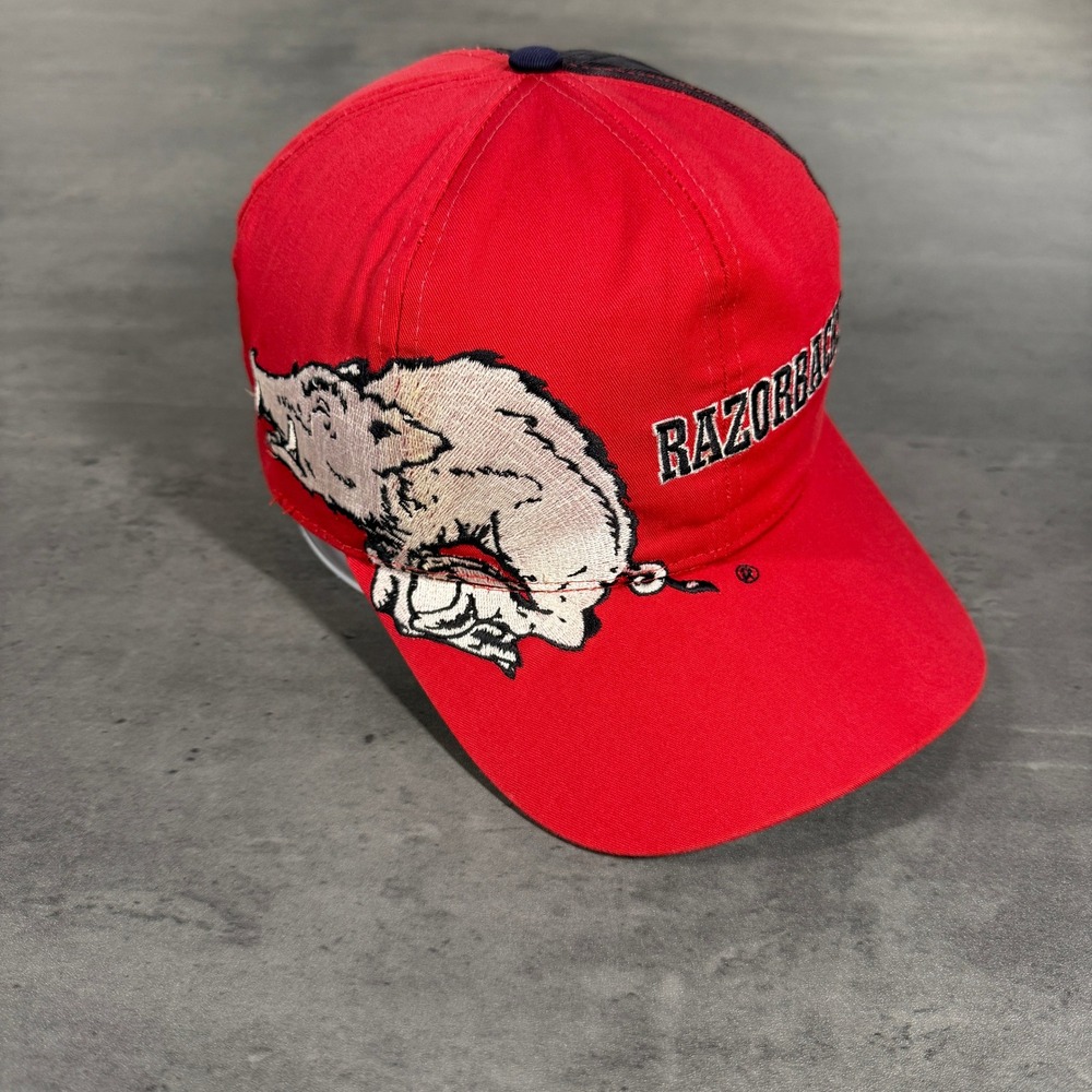 Vintage Arkansas Razorbacks Snapback Hat‎ Red Black Twins Big Logo Split Panel